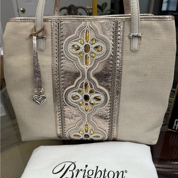 Brighton Tan and Gold Embellished Tote with suede dusty - Picture 4 of 12